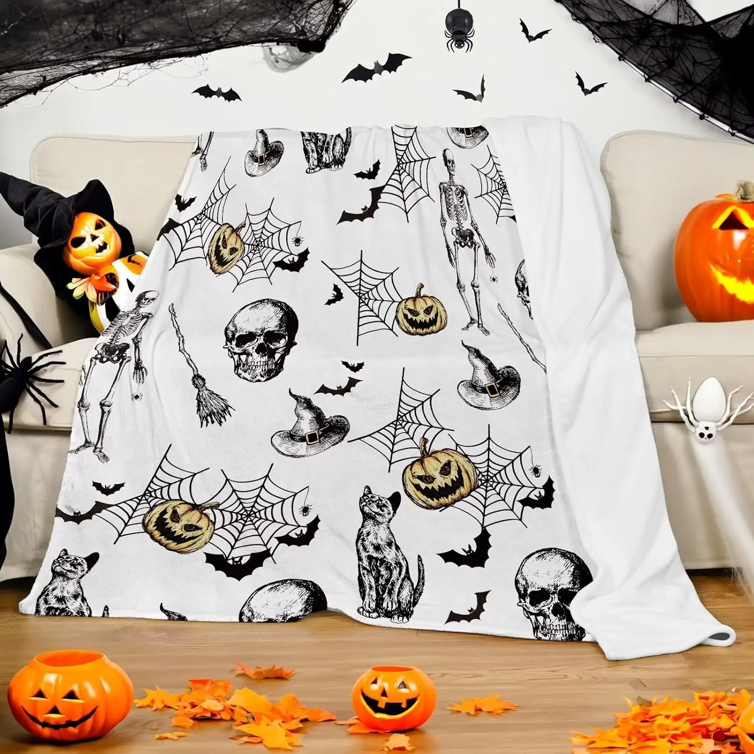 Halloween Blanket, Skull Print Blanket, Skeleton Cat Witch Hat Spider Web Pumpkin Men Women, Soft Lightweight Flannel Blanket