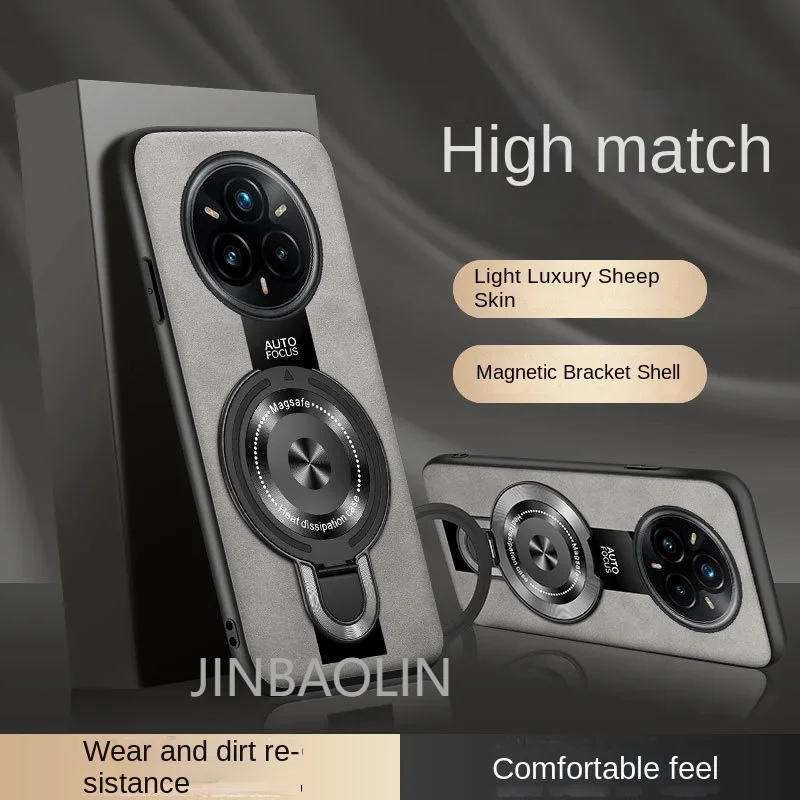 

For Realme 14 Pro plus Case Magnetic Ring Holder Luxury Bracket Plexiglass PU Silicone Sheepskin Leather Shockproof Cover
