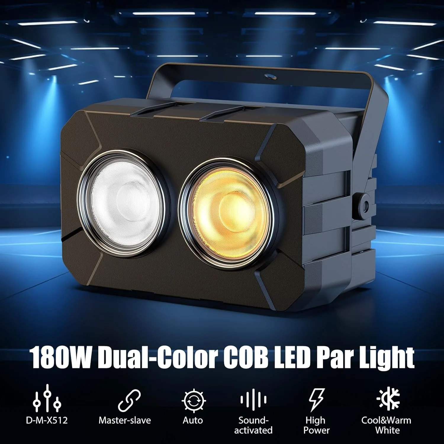 Stage Lights, 180W 2 Eyes LED COB Lights, Cool+Warm White LEDCob,Stage Spotlights with DMX512 & Sound-Activated Control Mode,