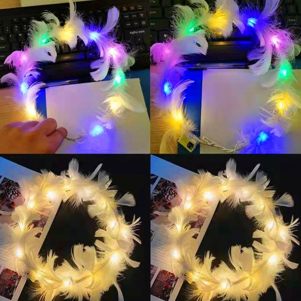 6Pcs LED Christmas Headband Light Up Feather Angel Crown Wreath Headbands Luminous Hair Accessories Headdress For Women Kids