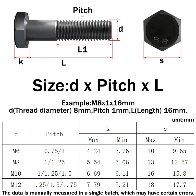 Beicai M8 M10 M12 External Outside Hex Hexagon Screw Bolt Black Grade 8.8 Carbon Steel Fine Teeth Hexagon Extension Bolts