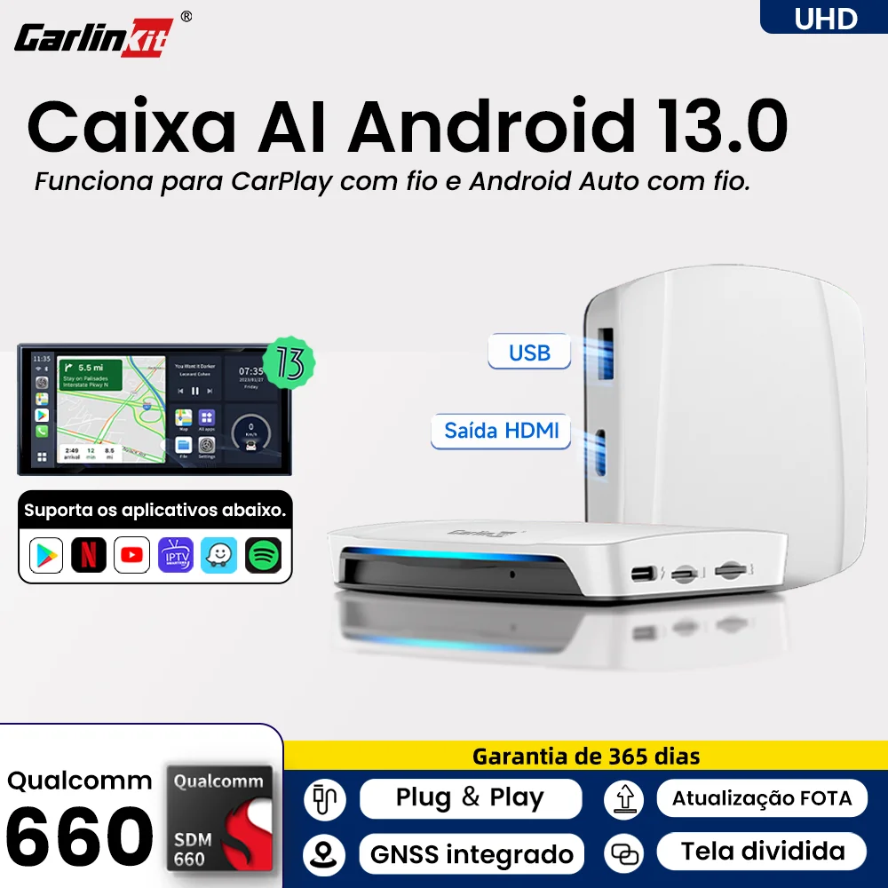 Carlinkit Tbox UHD Android 13.0 Ai Box CarPlay Android Auto Saída HDMI Sem Fio Suporte Netflix YouTube IPTV HBO Max Spotify