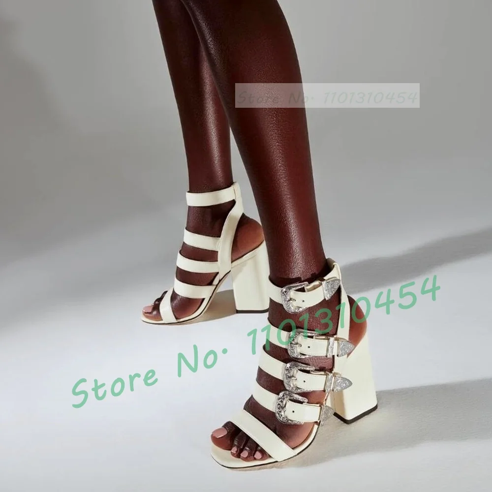 White Strappy Chunky Heel Sandals Female Metal Buckles Straps Sexy Shoes Women Classic Western Fashion High Heels Party Sandals