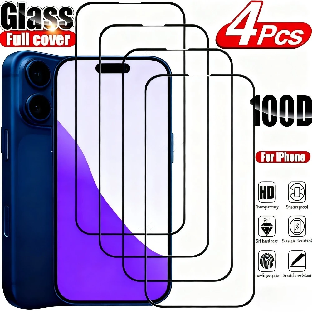 

4Pcs Full Cover Tempered Glass for iPhone 17 16 15 14 Pro Max Air 16 15 Plus Screen Protector for iPhone 13 12 11 Pro XR XS Max