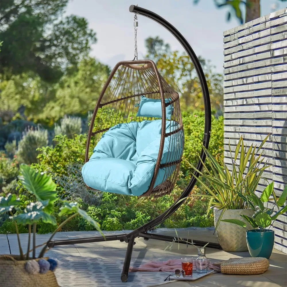 

Garden Swing Egg Chair With Stand Outdoor Wicker Rattan Patio Hammock Chair With UV Resistant Soft Cushions for Balcony Backyard