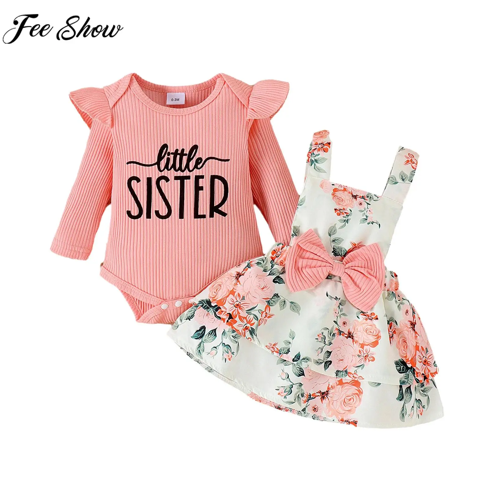 Baby Girls Casual Cute Print Costume Set Long Sleeve Romper with Suspenders Skirt for Birthday Party Photography Daily Wear