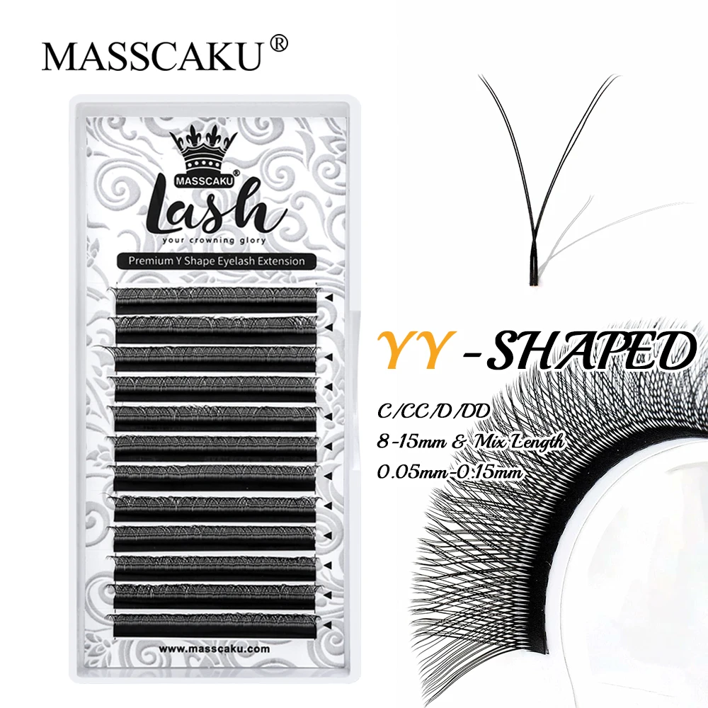 

MASSCAKU Individual Matte Black Wispy Y Shaped Eyelashes Extension Handmade Double/Triple Tips YY style Lash Extension Wholesale