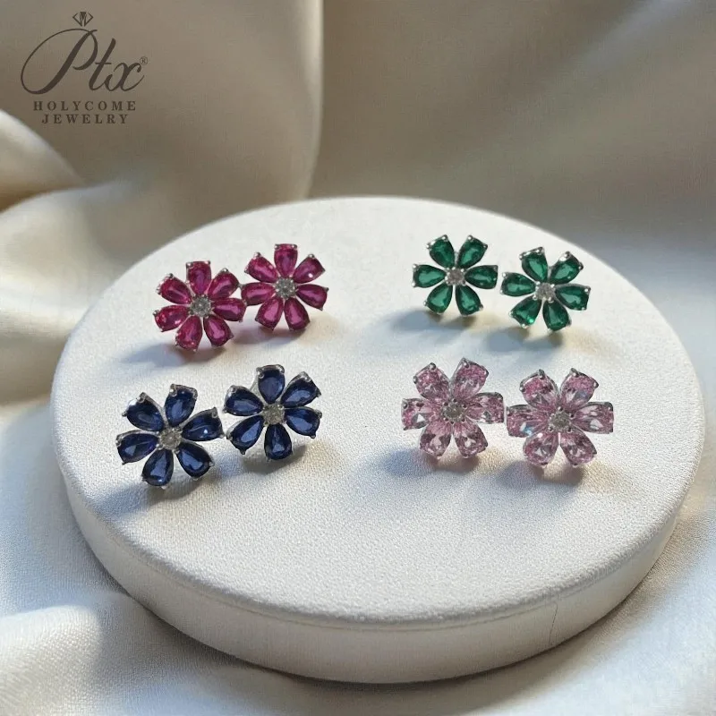 Stud Earrings Six-petal Pear Shape Gemstone Ruby Sapphire Columbia Padparadscha 925 Silver Valentine's Day Gifts Never Fade