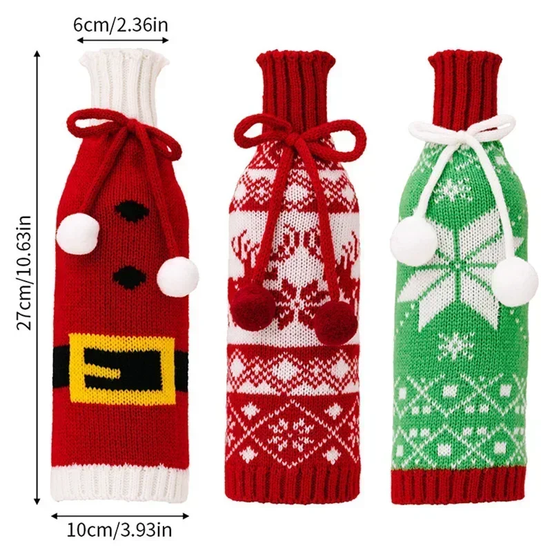 Christmas Wine Bottle Cover Table Dress Knitted Snowflake Elk Belt Pattern Wine Bag Kitchen Tableware Xmas Ornament Party Gift