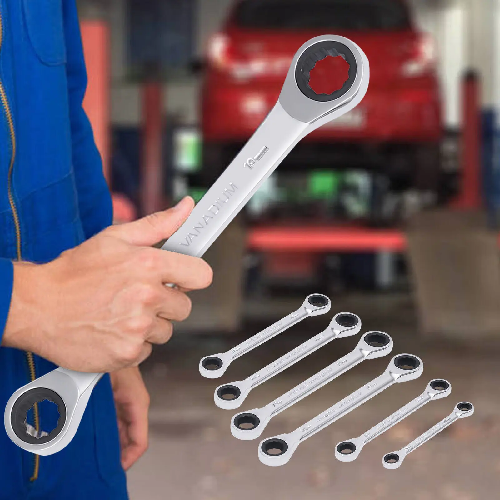 

6-Piece Flex-Head Extra Long Ratcheting Wrenches Double Box End 45#Steel 72-Tooth Wrench Set With Metric 8mm - 19mm