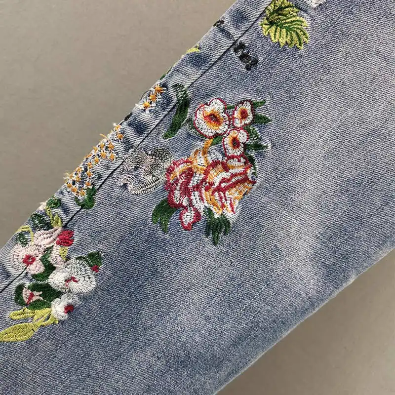 Retro Embroidered Straight Jeans Women\'s Washed Denim Trousers Spring Cotton Stretch High Waist Loose Casual Ladies Jeans C8119