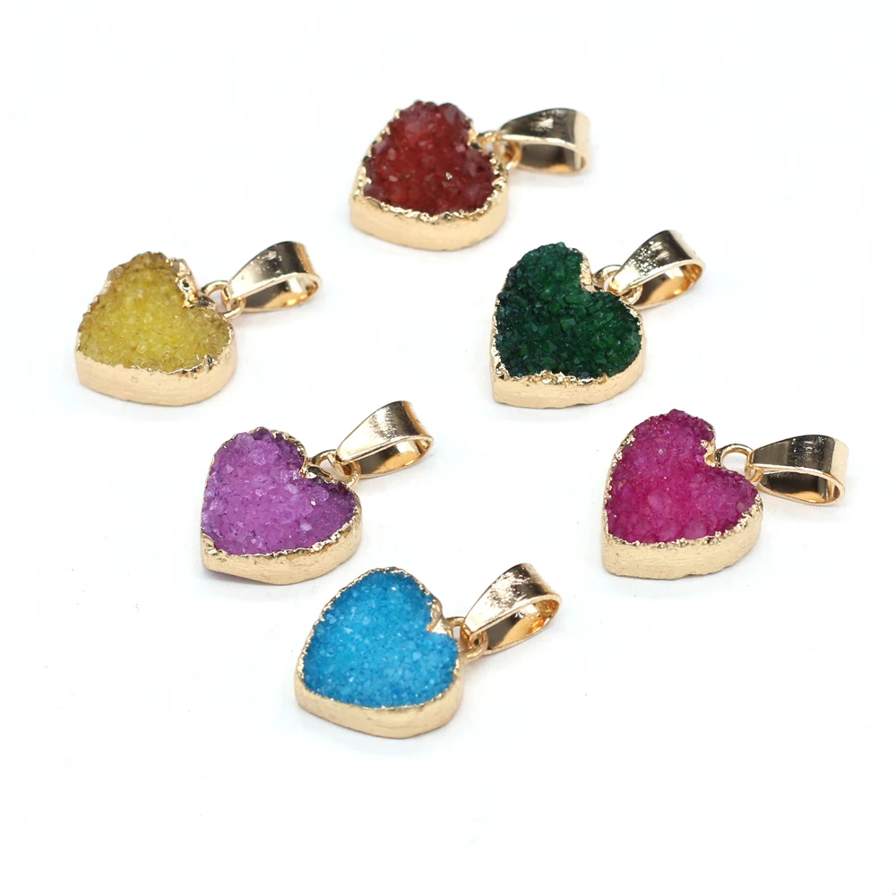2pcs Natural Stone Druzy Heart Shape Mixed Colors Black Green Crystal Pendants for Jewelry Making Necklace Earring Size 12x16mm