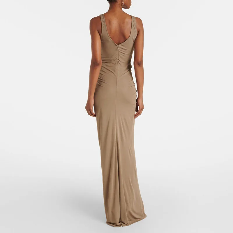 Primavera Verano sin mangas elegante vestido largo mujer Sexy U asimétrico hueco volante vestido de fiesta elegante sólido ajustado vestido con cremallera sin espalda