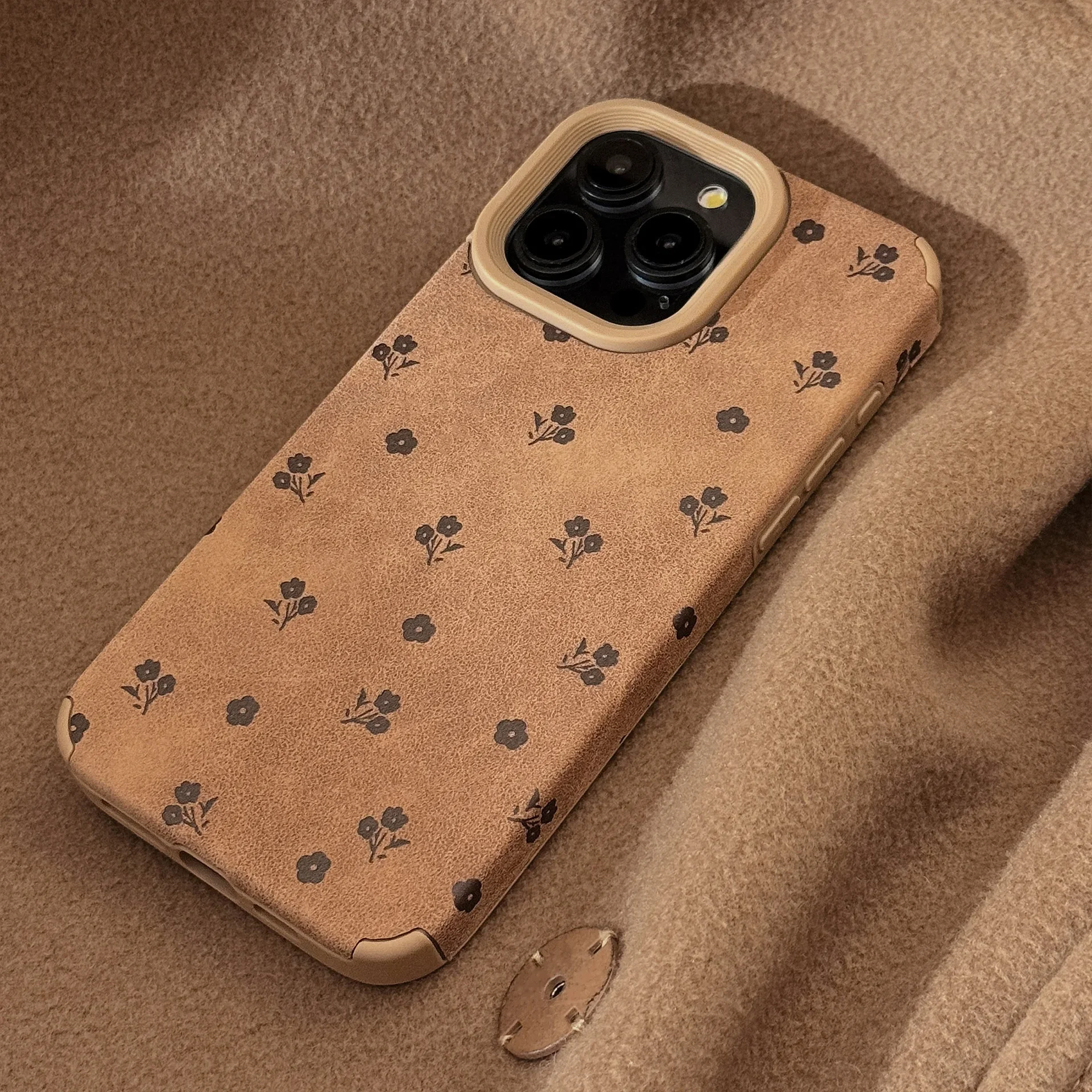 Retro flowers Suede leather art Phone Case For iPhone 17 16 15 14 13 12 11 Pro Max 17 air Case Cute Luxury Cartoon leather Cover