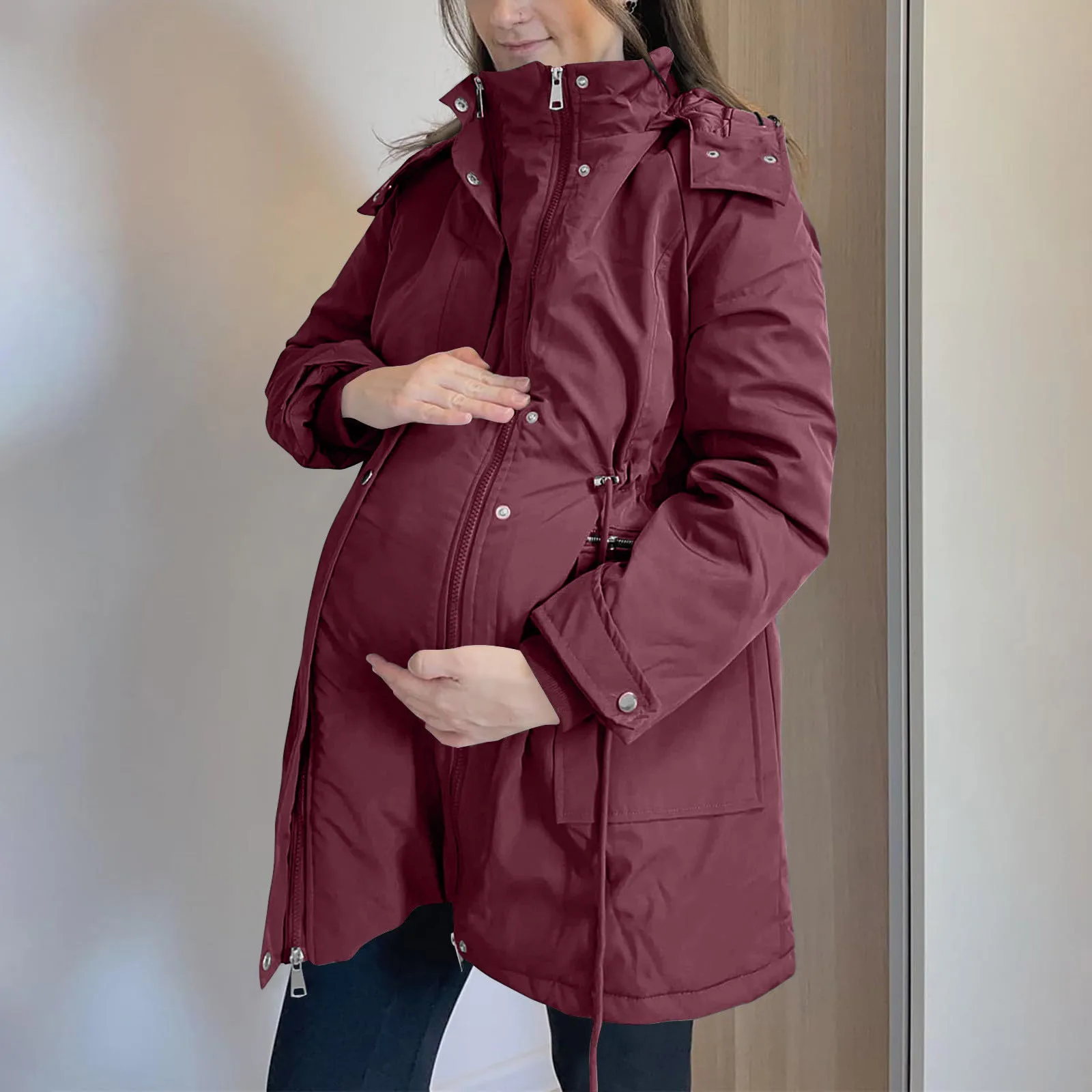 Veste à capuche de couleur unie moyenne à longue, grande poche, en coton, manteau chaud d'hiver pour femmes