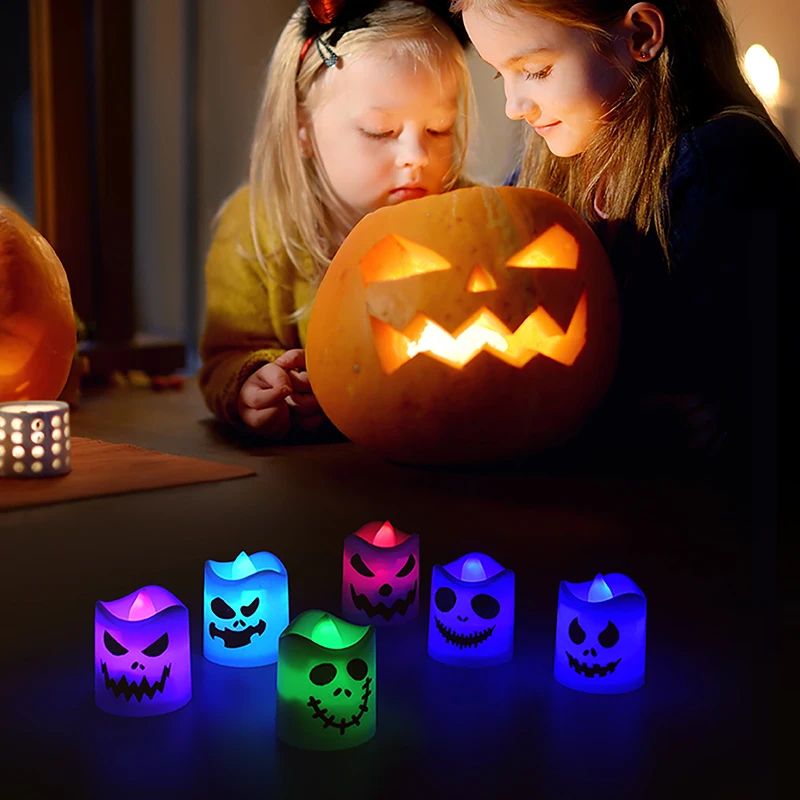 

6pcs Halloween LED Candle Light Led Ghost Pumpkin Lamp Ornaments Halloween Party Home Haunted House Bar Decoration Horror Props