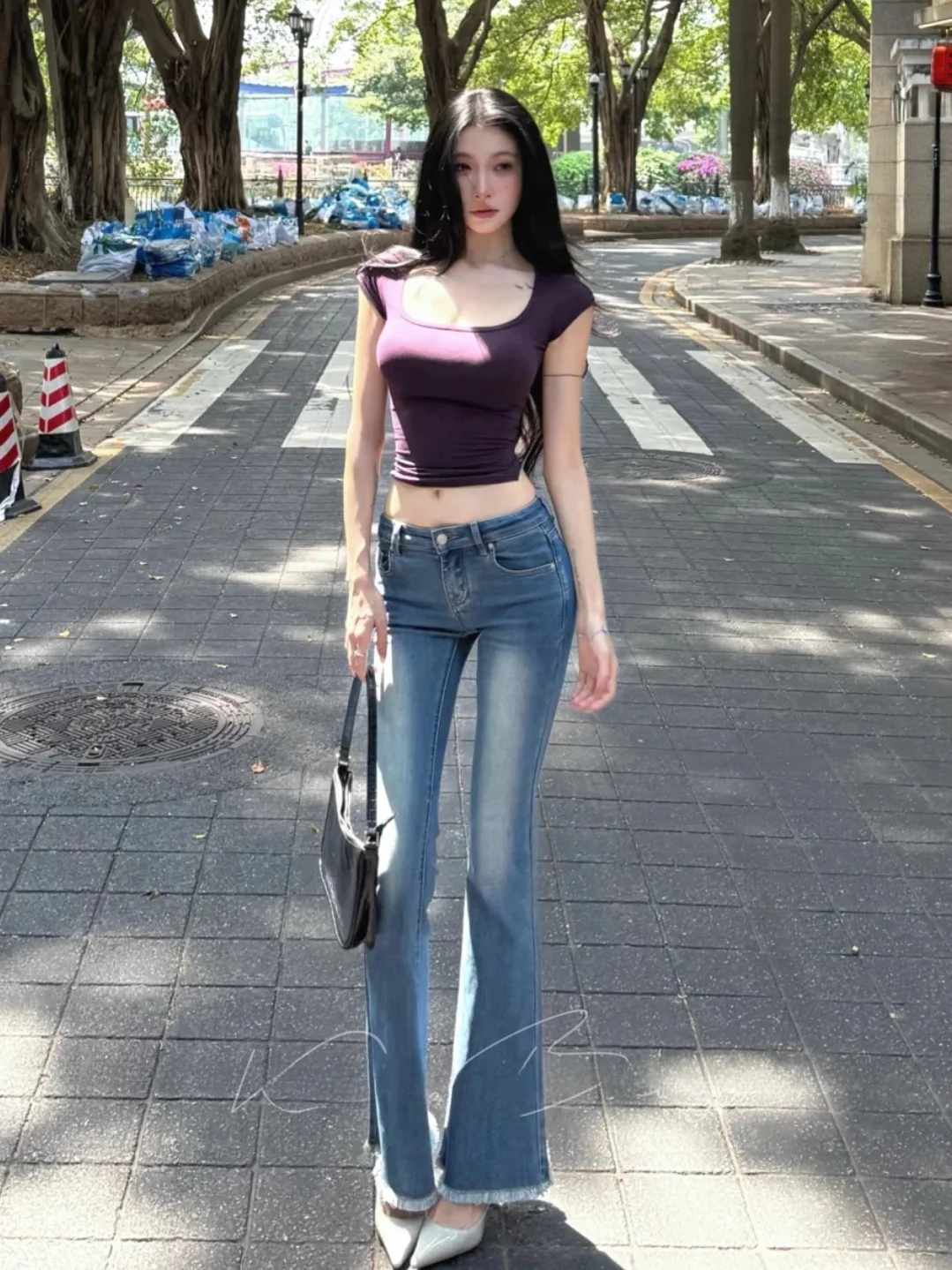 American Hot Girl Style Bell Bottom Jeans Women Slimming Hip Enhancing Long Pants Seamless Frayed High Waist Stretch Denim