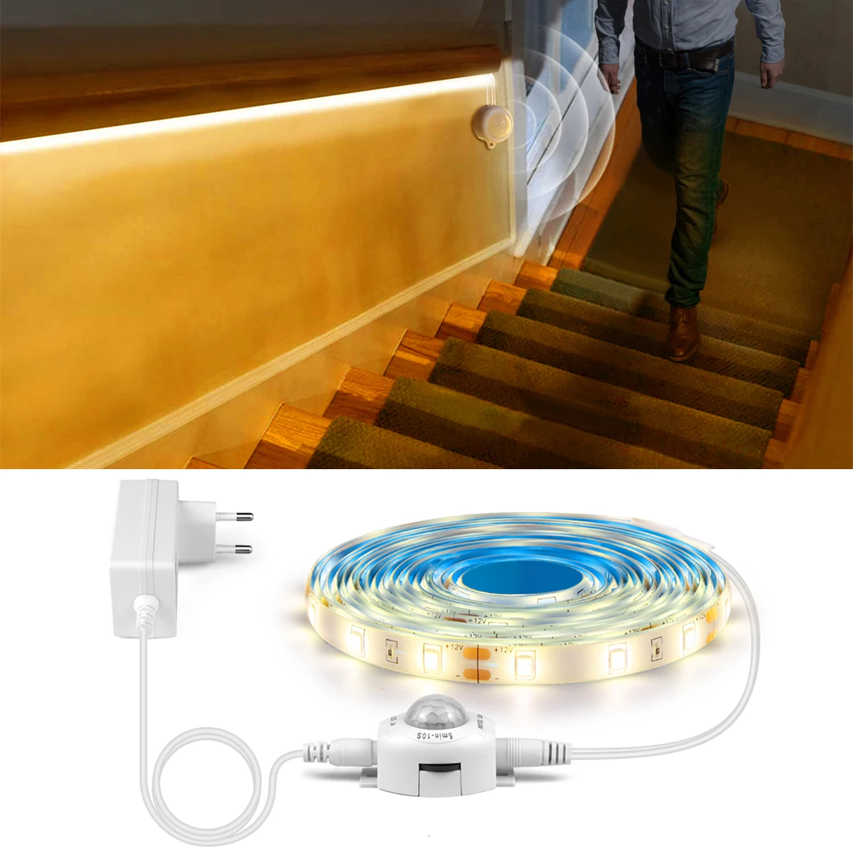 LED Night Light Motion Sensor LED Strip Light 12V Waterproof Under Cabinet Lamp For Bedroom Kitchen Flexible Tape US EU Adapter