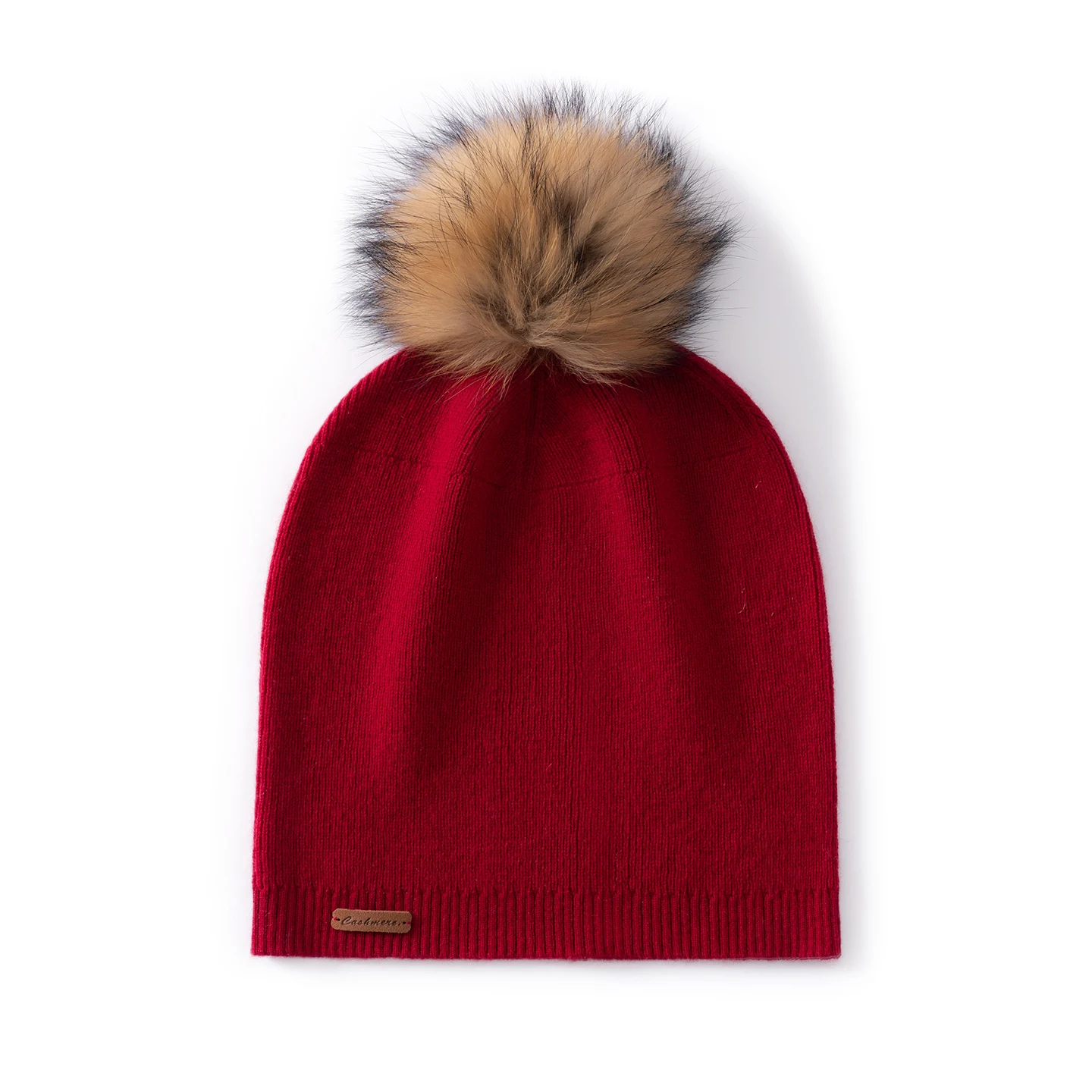 KOIJINSKY 35% Cashmere Knit Beanie with Real Fur Pom Pom Premium Leather Tag Straight Cut Warm Winter Hat for Women