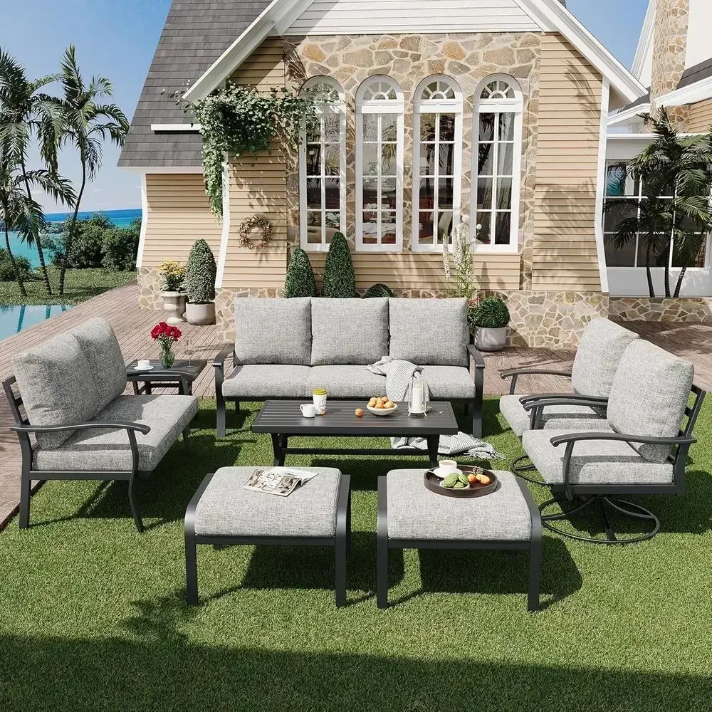

360° Swivel Rocking Patio Chair Set with Cushions, Ottomans, 3-Seat Sofa, Loveseat, Coffee Side Table, 8-Piece Metal Garden Furn
