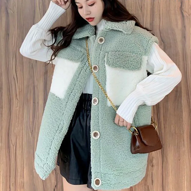 Spliced Lamb Fleece Women Loose Warm Vests Fashion Elegant Simplicity Korean Casual Jacket Lady Thicken Sleeveless Cardigan Coat