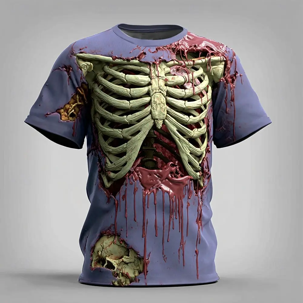 2026 Men's Optical Illusion Skull Skeleton 3D T-Shirt Novelty Short Sleeve T shirt Fashion Cool Horror Party Top Summer Clothing