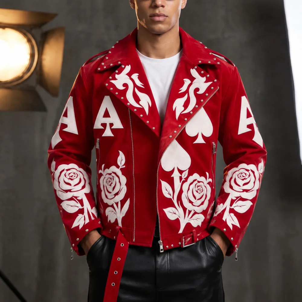 Pattern Patch Faux Leather Biker Jacket  Pok Ace Spade Rose Patch Rivet Stud Moto Jacket Lapel Diagonal Zipper Punk Stageoutwear