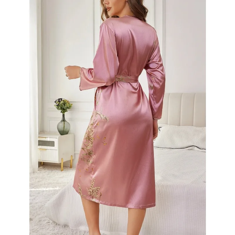 Women's Elegant Silk Robe Floral Print Loose Fit Long Sleeve Breathable Loungewear All-Season
