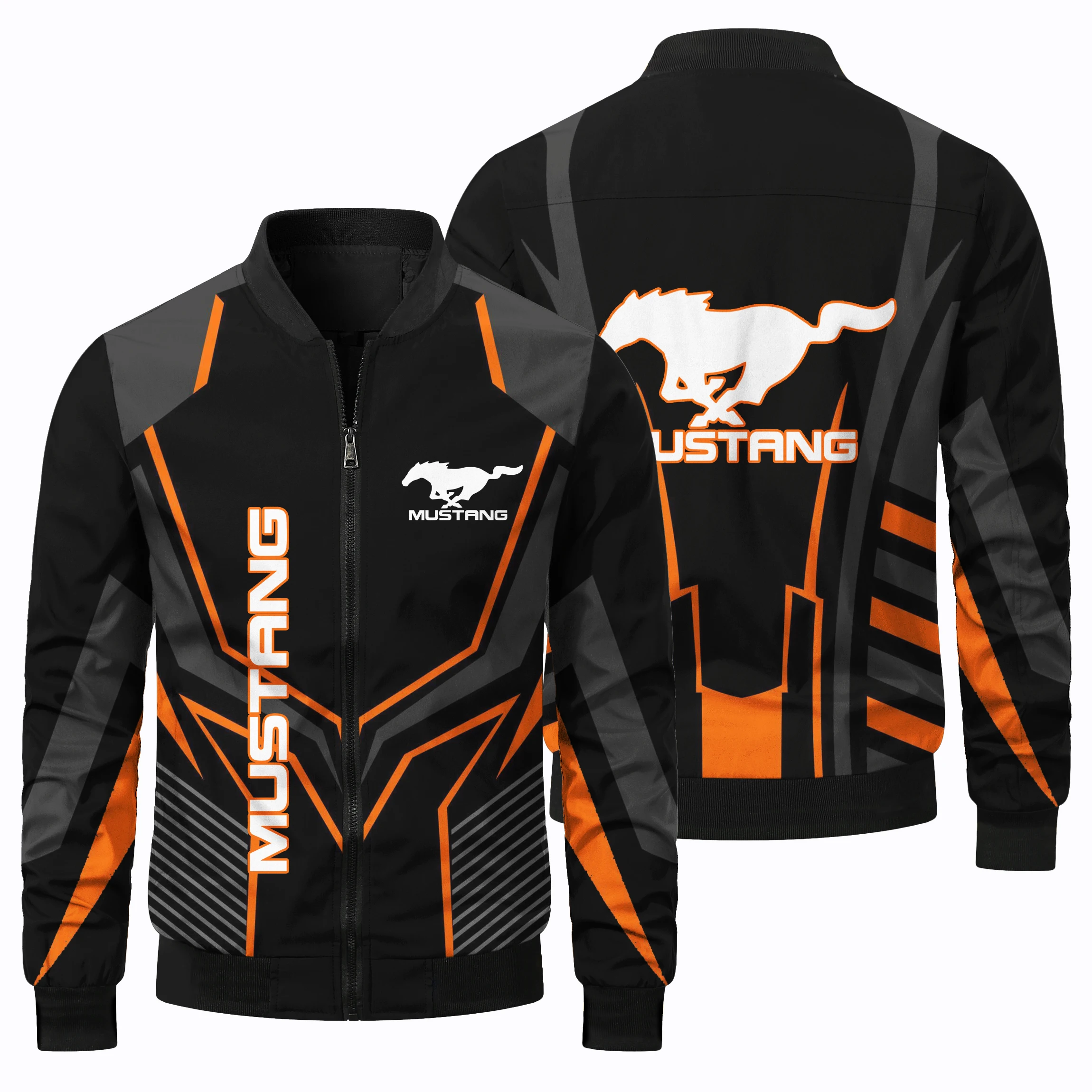 3D Racing Mustang Pattern Jacket Fashion Zipper Top Daily Outdoor Sports Off-Road Cycling Clothing Round Neck Casual Jacket