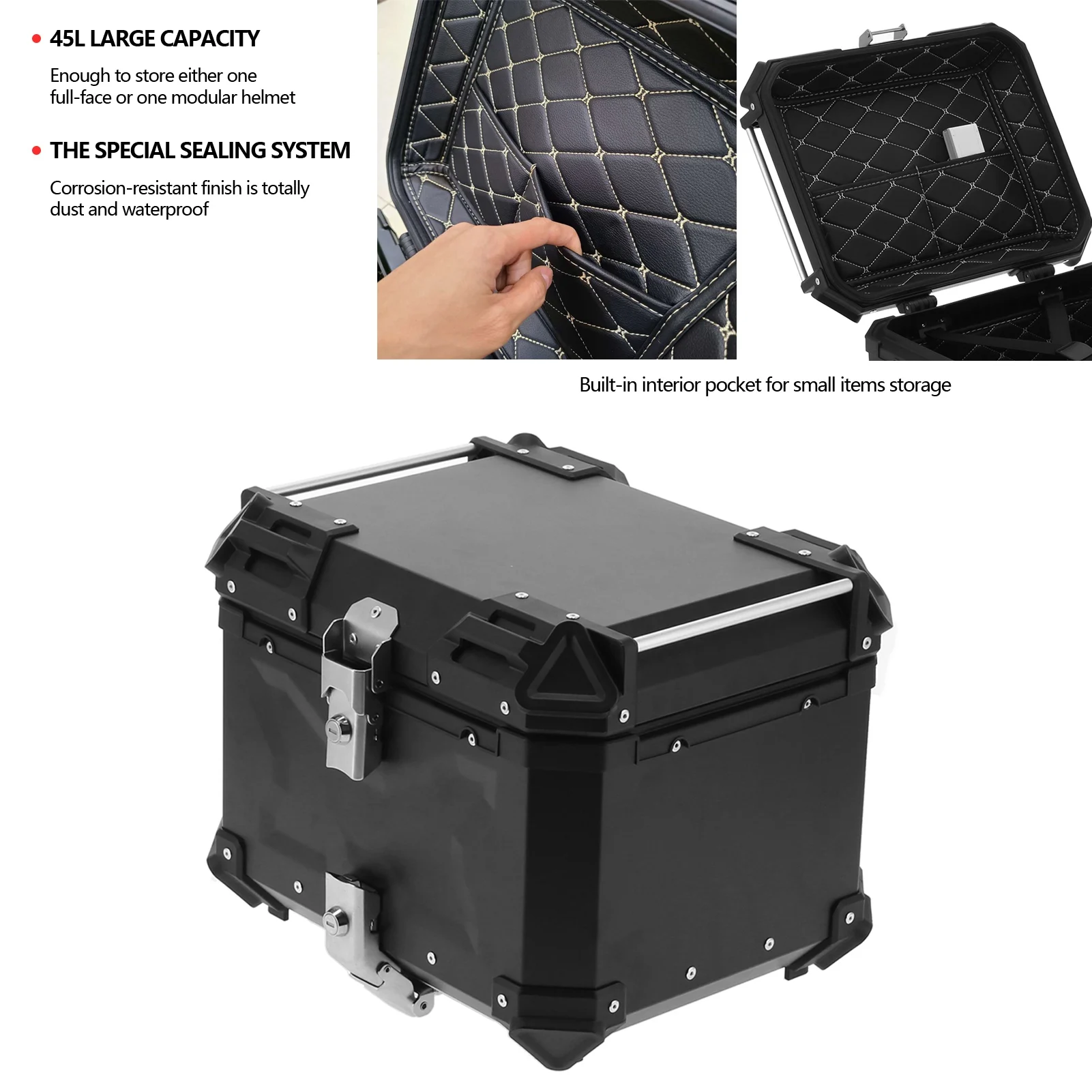 Motorbike Storage Box Top Box Tail Box Trunk Carrier Universal Black 45L Motorcycle  Aluminum Top Case Tail Box Luggage