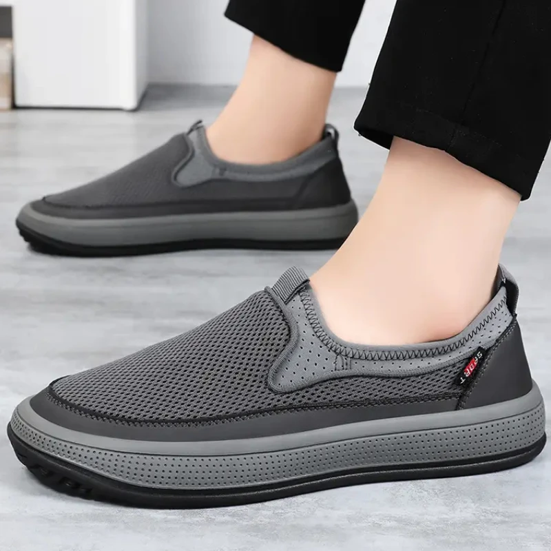 Men Flat Bottom Sneakers Casual Breathable Mesh Walking Shoes Mesh Round Toe Soft Sole Lightweight Driving Slip on Loafers