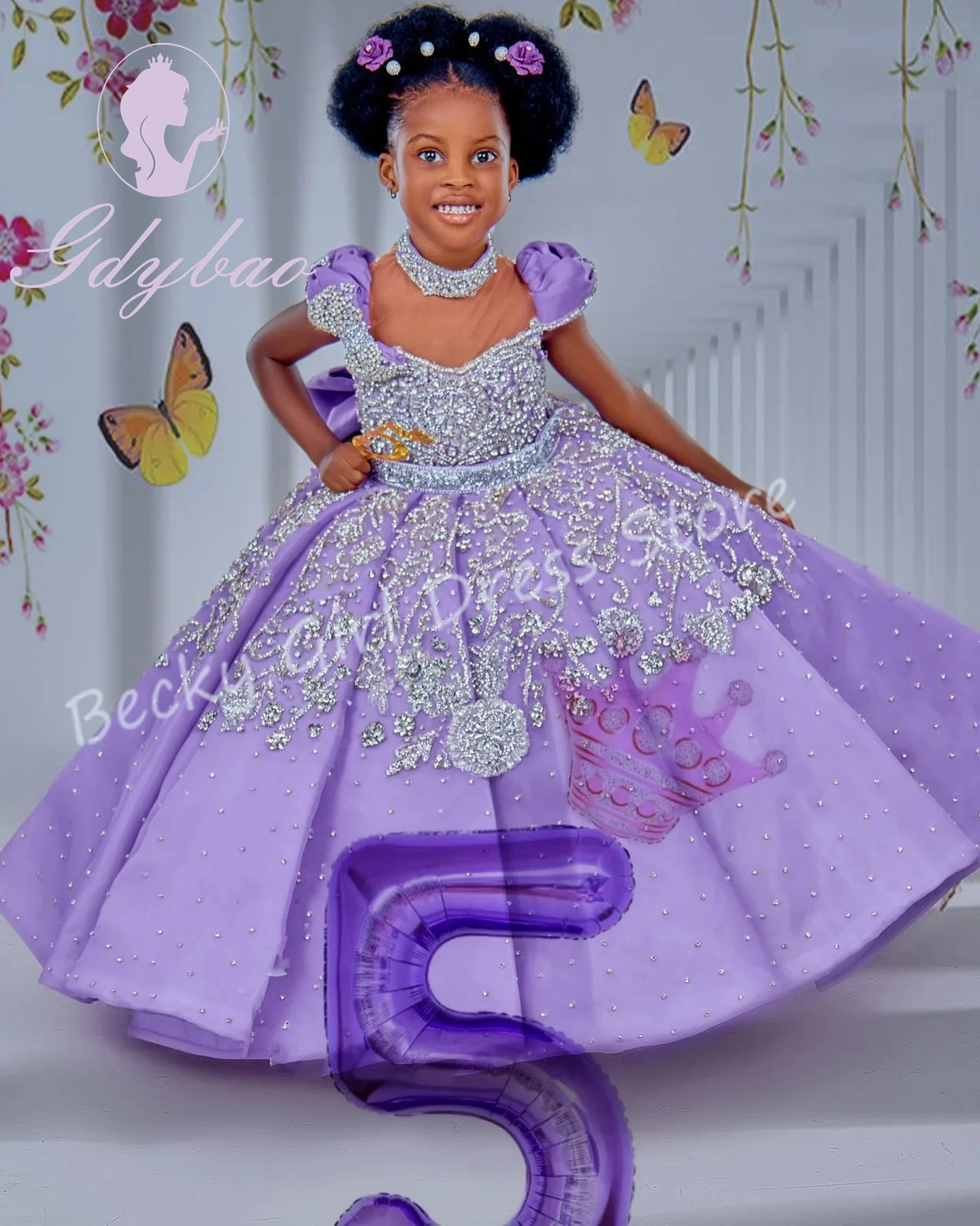 Customized Lavender Flower Girl Dresses For Wedding High Collar Crystal Floor Length Luxury Birthday Party Gift Banquet Gown