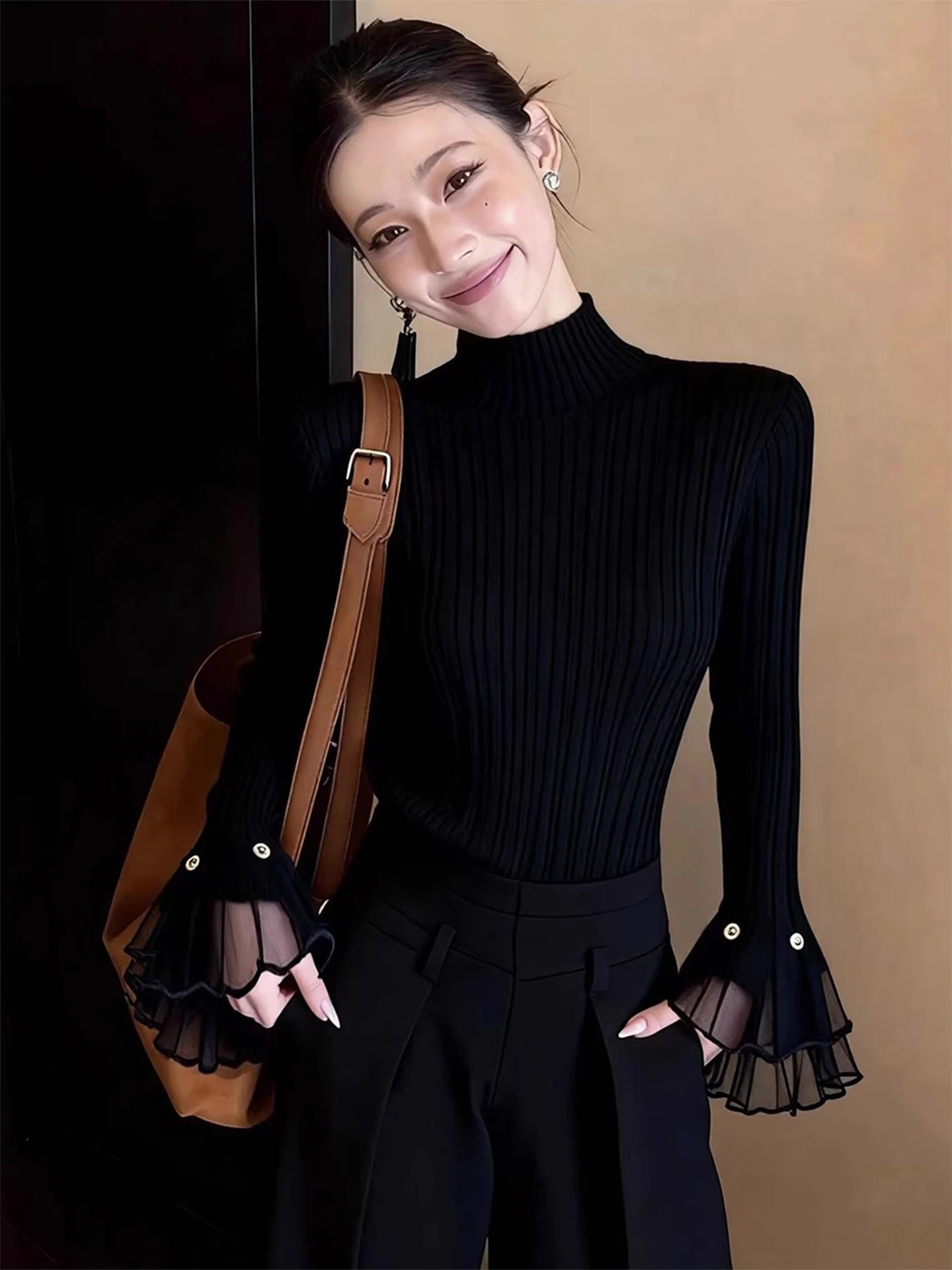 

Bla Me Splice Knitted Slim Fit Top Women's High Collar Base irt Spring Advanced Sensation Personali Inner Wear