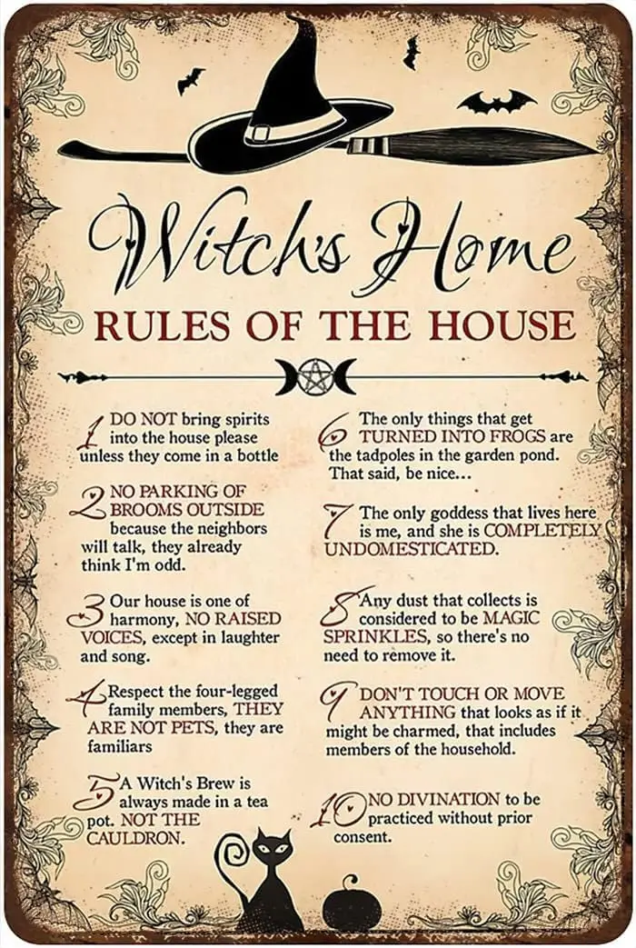 Vintage Metal Signs Witch’S Home Rules of The House Retro Poster Wall Art Tin Sign Funny Decorations for Home Parlor Bedroom Met