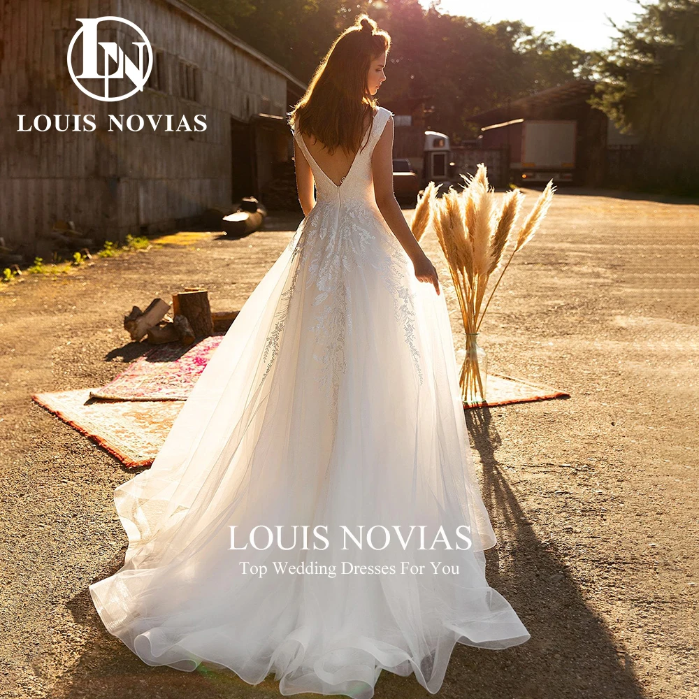 LOUIS NOVIAS Lace Wedding Dresses Sexy Romantic Backless Sequined Brush Train Bridal Gown A-Line V-neck zipper Vestidos De Novia