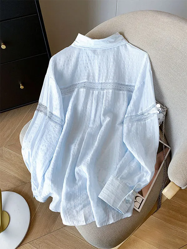 

Blue Lace Hollow out Summer Shirt Women's Loose Ice Silk Light Outerwear Sun Protection Fashion French Style Long Sleeve ...