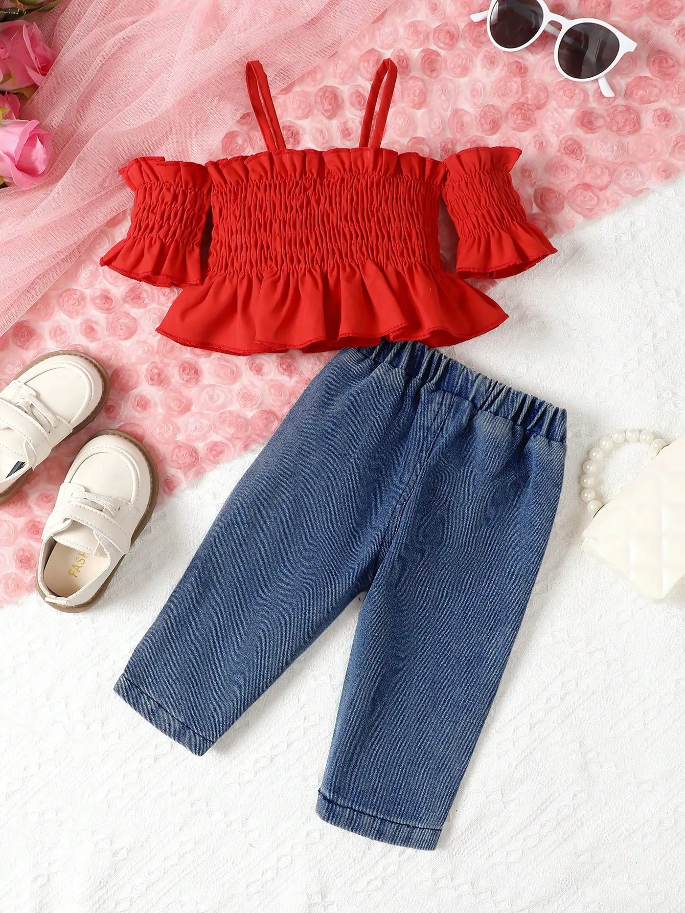 BFashion Baby Girl 2-Piece Set, Smocked Off-Shoulder Top & Ripped Denim Long Pants Outfit