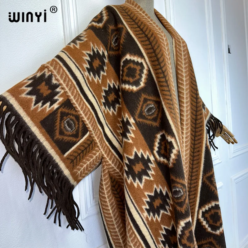 WINYI Winter Women Fringed cardigan print abaya dubai luxury Coat Loose OverCoat Thick Warm Female outerwears long down dress
