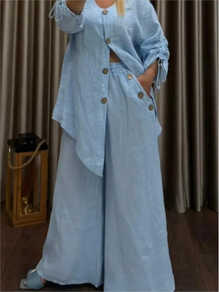 

New Fashion Casual Two Piece Outfits Woman Solid Cotton Linen Loose Button Set For Women's Cardigan Wide-leg Pants 2-piece Sets