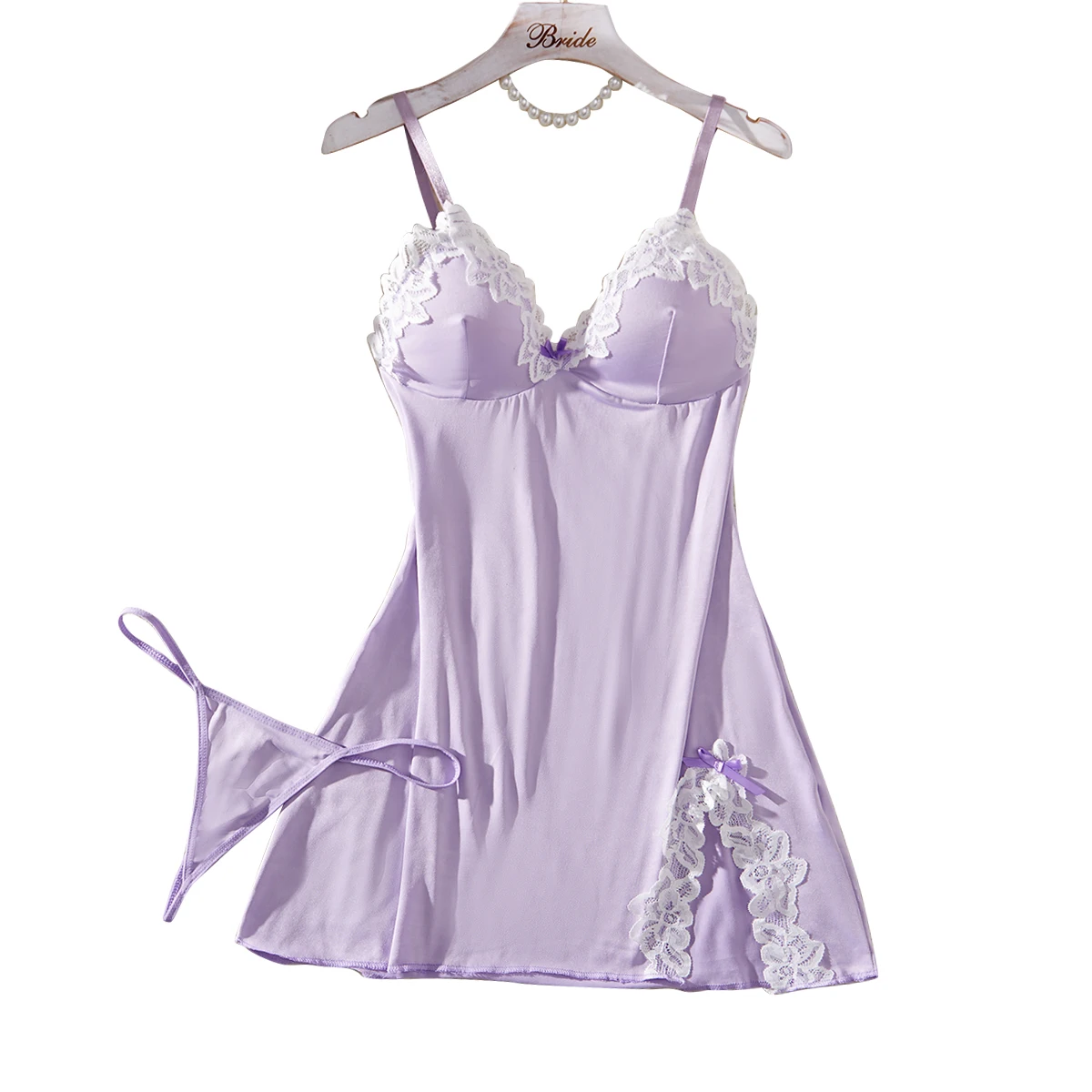 

Светло-фиолетовая женская ночная рубашка, сексуальное кружевное нижнее белье с бантом, платье для взрослых, сексуальная пижама, комплекты нижнего белья, женские эротические наряды