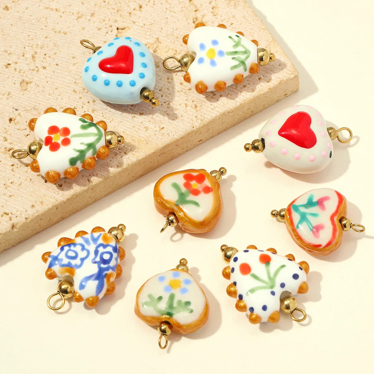 3pcs/Lot Stainless Steel Ceramic Cherry Flower DIY Earring Charms Love Heart Necklace Pendants Woman Shoe Accessory Jewelry