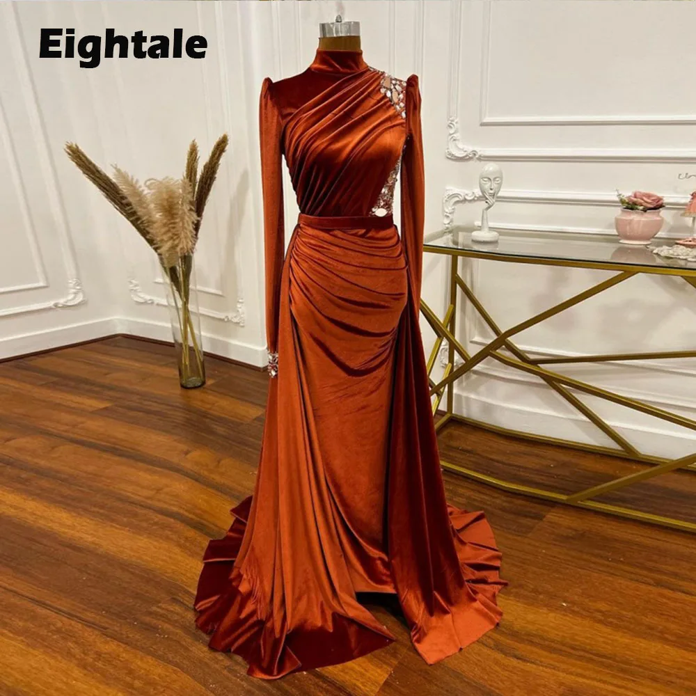 Eightale Muslim Arabic Evening Dresses High Neck Burnt Orange Beaded Long Sleeves Customized Mermaid Prom Party Gowns Velvet