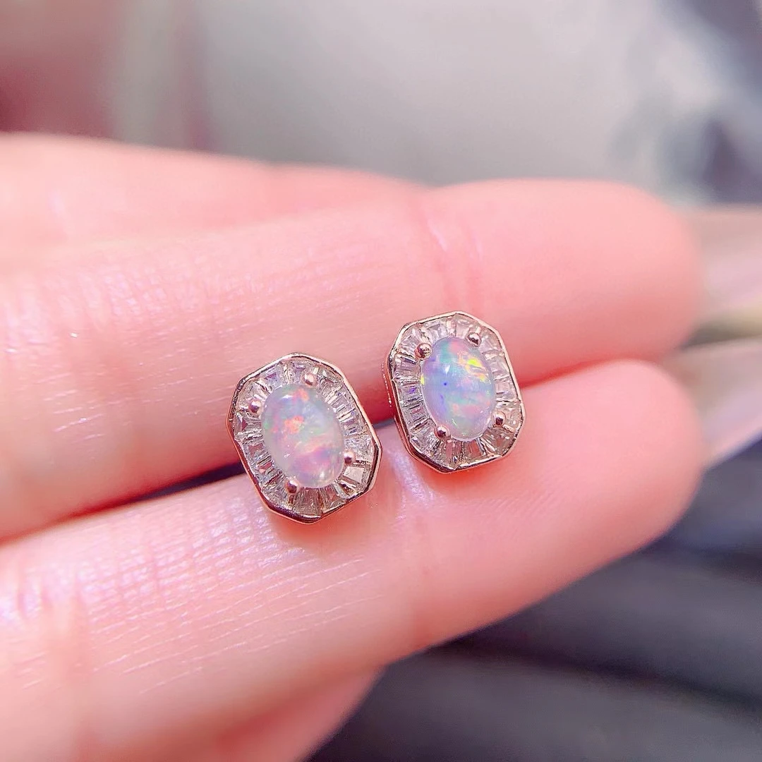 925 Silver Australian Opal Stud Earrings Allergy Free 4mm*6mm Total 0.6ct Natural White Opal Earrings with 18K Gold Plated