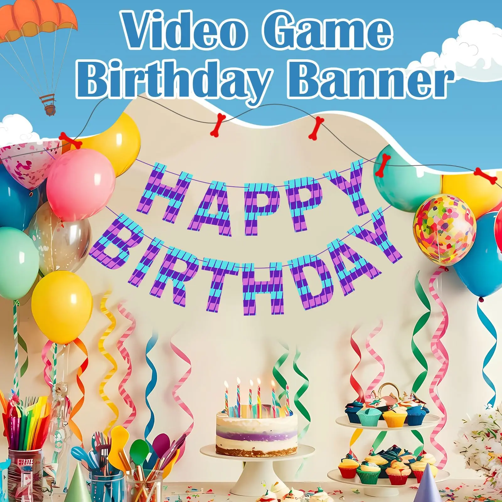 Gaming Pixel Happy Birthday Banner, Color Block Pixel Letter Garland, Video Game Theme Hanging Decor for Kid’s Birthday Party