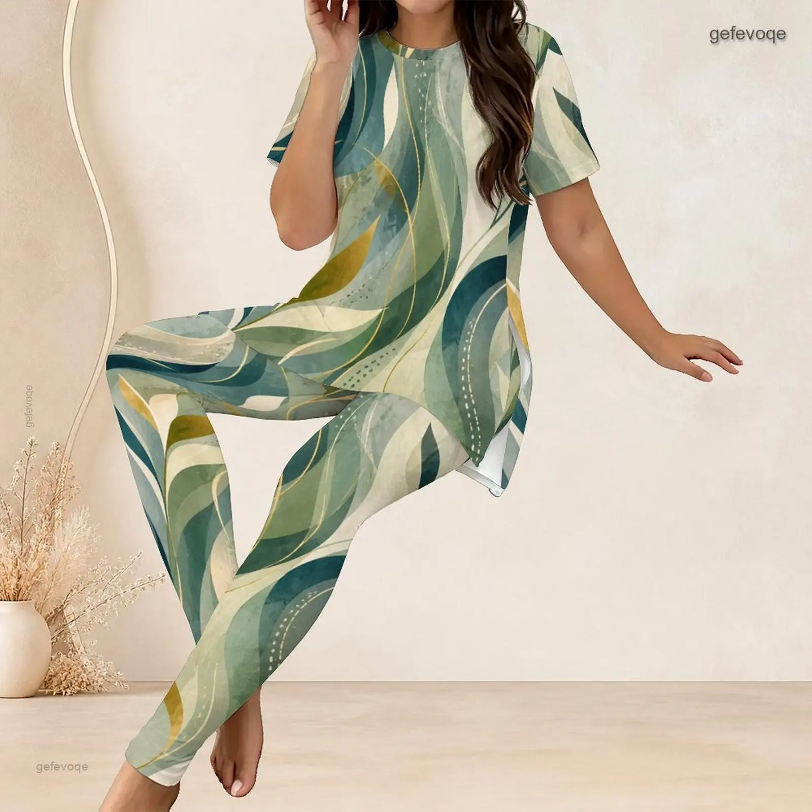 Printed Pants Set for Women Round Neck Short Sleeve Longline Top Fitted Pants Two Piece
