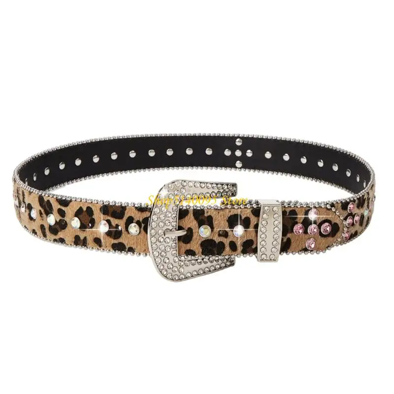 DXAE Stylish PU Leopards Print Belt Adorned With Rhinestones Secure Pin Buckles Closure Unisex Fashion Accessory For Casual Wear