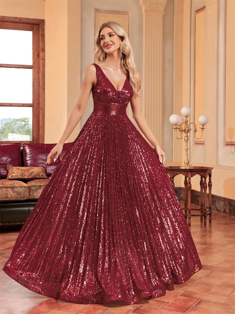 Lucyinlove Luxury scollo a V maniche lunghe abito da sera formale donna 2024 paillettes festa di nozze Prom Maxi abiti da Cocktail Vestidos