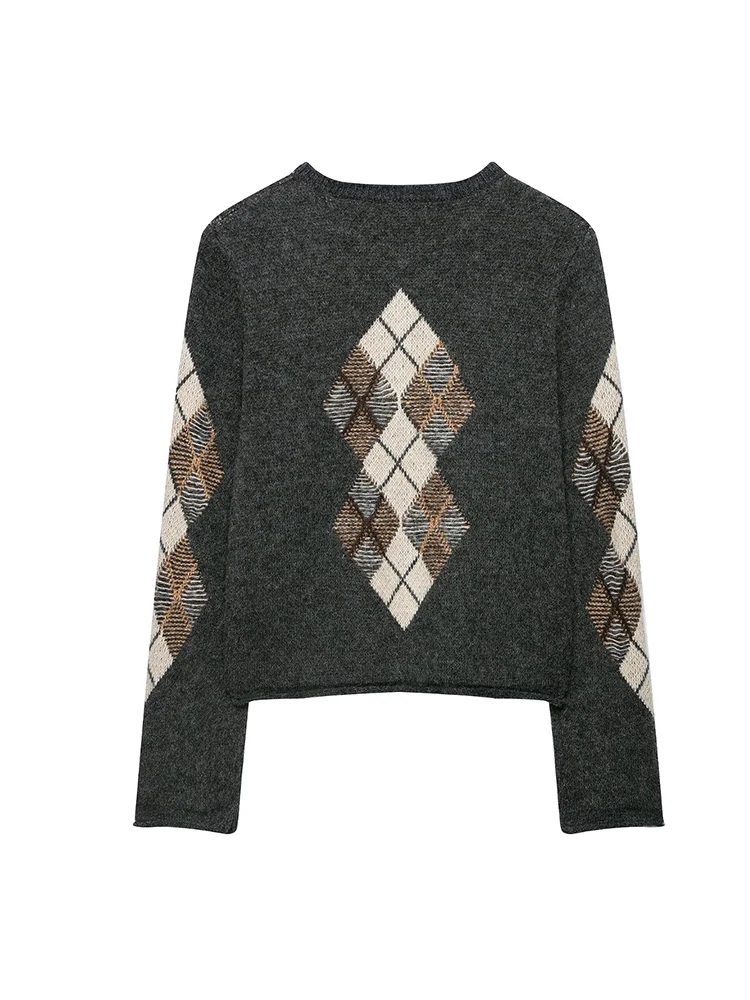 Women’s Knit Jacket Elegant Gray Argyle Knit Cardigan Long Sleeve Button Front Sweater Coat Casual Daily Commute Street Knitwear view 3