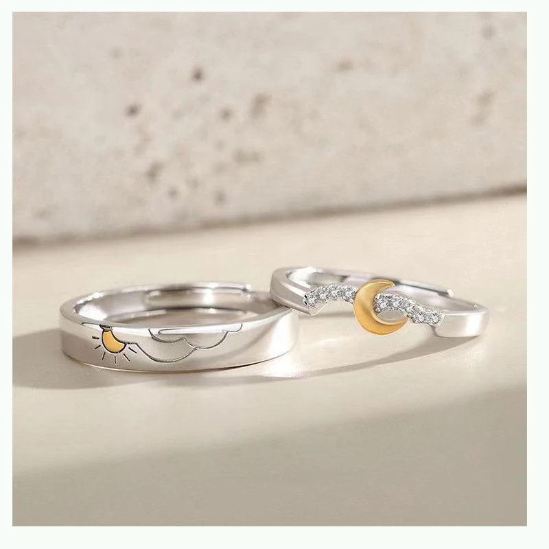 New Hot Sale Silver Color Personality Color Separation Sun Moon Couple Opening Ring Valentine's Day Love Jewelry Gift J942 #2