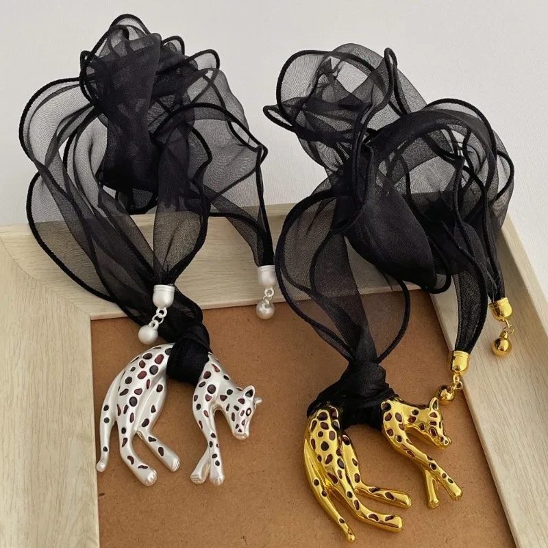 

Minar Charming Enamel Metallic Animal Leopard Pendant Necklaces for Women Long Adjusting Fabric Silk Scarf Chain Sweater Chain
